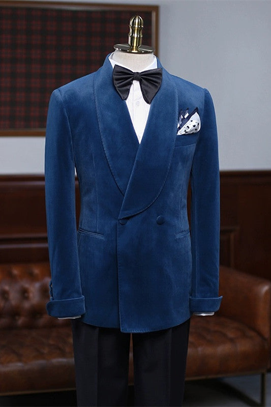 Adonis Tailored Navy Blue Shawl Collar Velvet Groom's Wedding Suit