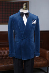 Adonis Tailored Navy Blue Shawl Collar Velvet Groom's Wedding Suit