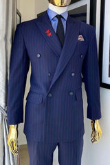 Adrian Formal Navy Blue Striped Two-Piece Peaked Lapel Business Suit