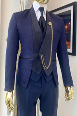 Ahern Custom-Made Navy Blue Shawl Collar Three-Piece Jacquard Wedding Suit