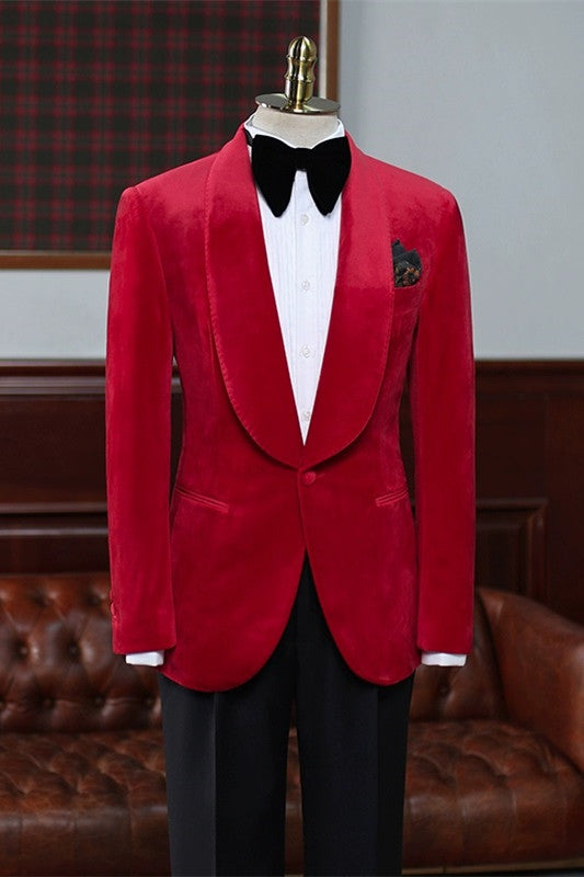 Ahern Trendy Red Shawl Collar Velvet Groom's Wedding Suit