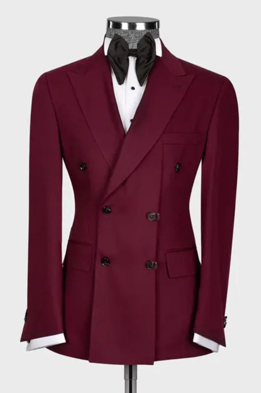 Aiden Elegant Burgundy Peaked Lapel Double Breasted Prom Attire