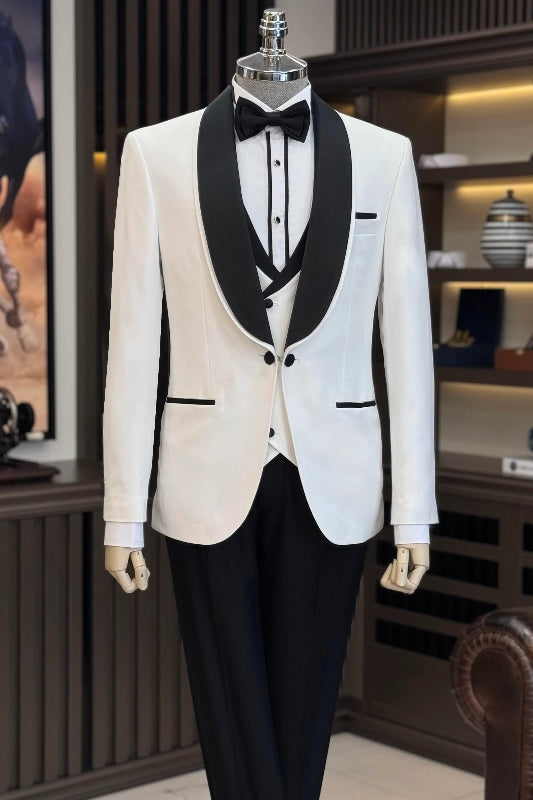 Aiden White Shawl Collar Three-Piece Wedding Suit for Men