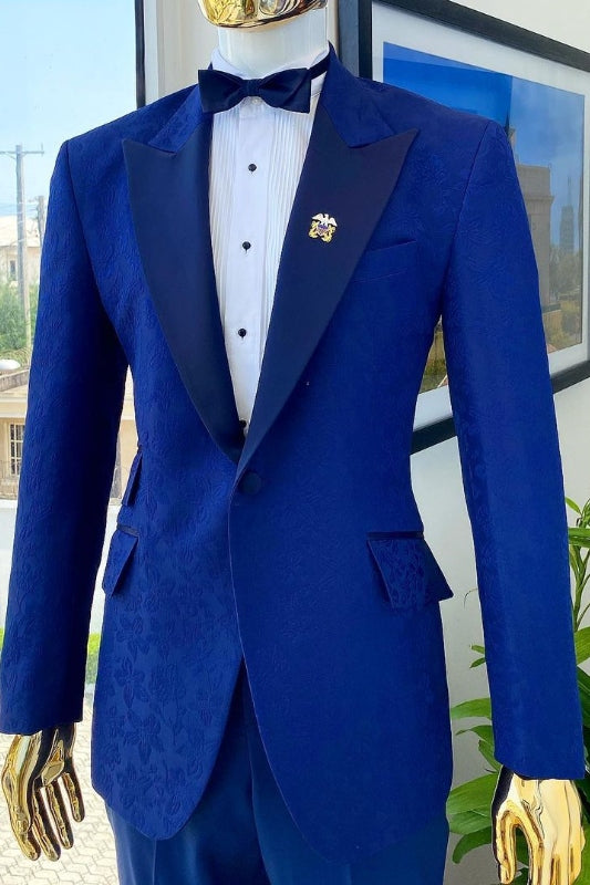 Alan Deep Blue Peaked Lapel Slim Fit Jacquard Prom Suit For Men