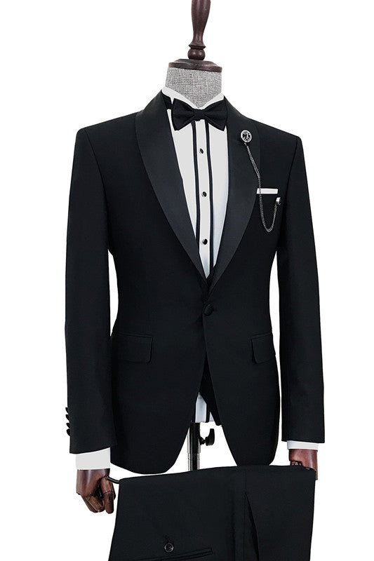 Alan Sophisticated Black Shawl Collar One-Button Wedding Suit for Men