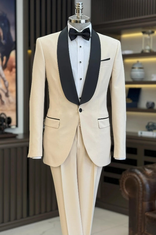 Aldrich Light Beige Wedding Men's Suit With Black Shawl Collar