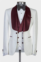 Aldrich New Arrival White Three-Piece Wedding Suit With Burgundy Shawl Lapel