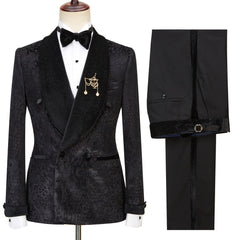 Alex Trendy Black Shawl Lapel Double Breasted Sparkling Pattern Wedding Suits