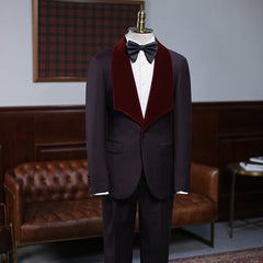 Alexander Unique Burgundy Two Pieces Velvet Lapel Wedding Suit for Grooms