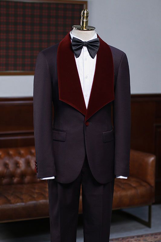 Alexander Unique Burgundy Two Pieces Velvet Lapel Wedding Suit for Grooms