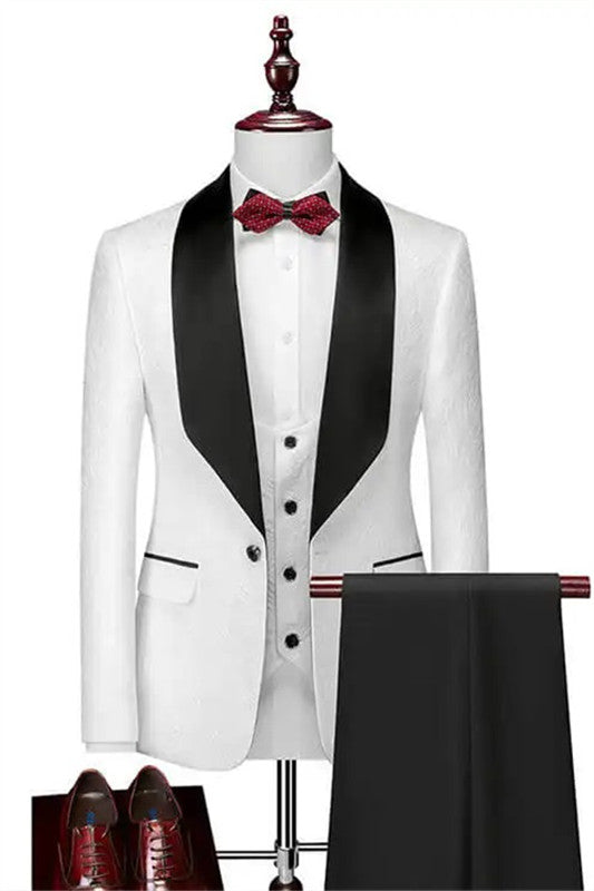 Alexander White Shawl Lapel Fitted Three-Piece Suit for Men's Wedding