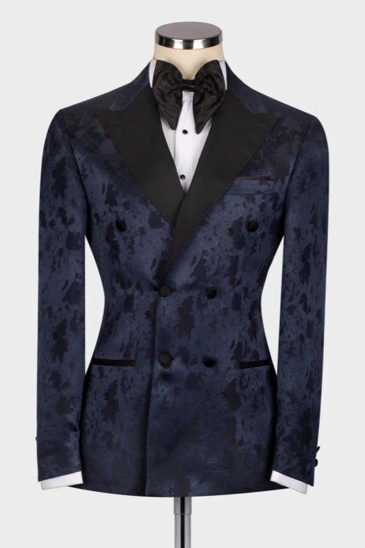 Alfred Dark Navy Jacquard Peaked Lapel Double Breasted Wedding Suit for Men