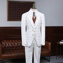 Alfred Fashionable White Plaid Three Pieces Notched Lapel Slim Fit Suit