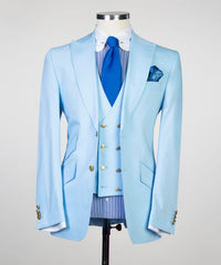 Alfred New Sky Blue Three-Piece Peak Lapel Slim Fit Men’s Suits