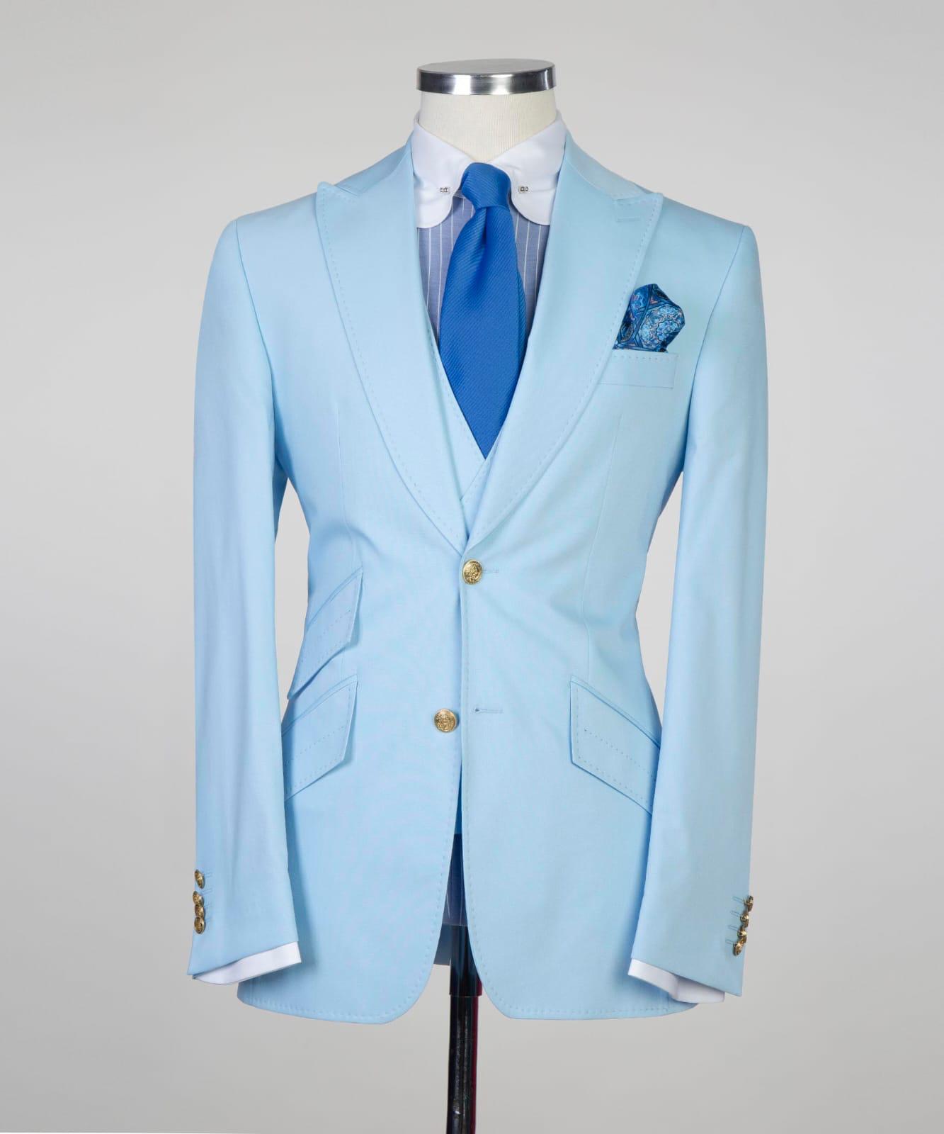 Alfred New Sky Blue Three-Piece Peak Lapel Slim Fit Men’s Suits