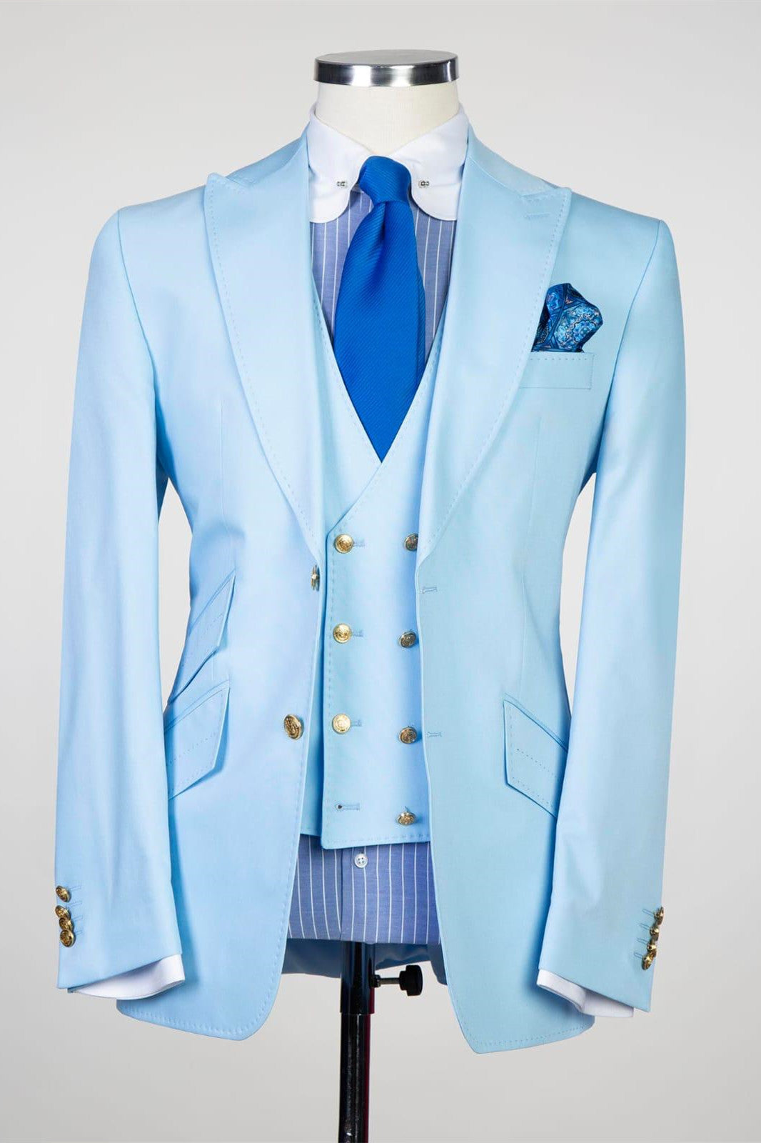 Alfred New Sky Blue Three-Piece Peak Lapel Slim Fit Men’s Suits