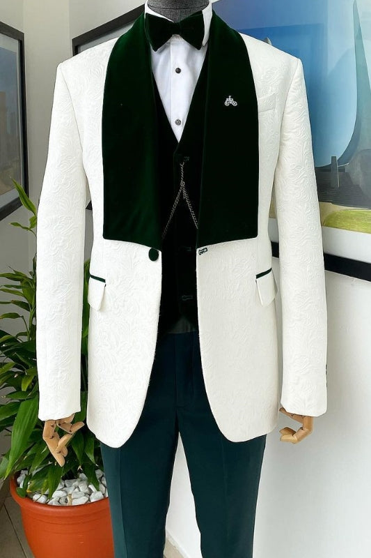 Alger Custom-Made White Jacquard Three-Piece Wedding Suit With Dark Green Shawl Collar