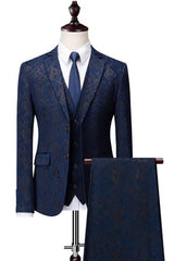 Alger Elegant Dark Blue Jacquard Three-Piece Notched Lapel Prom Ensemble