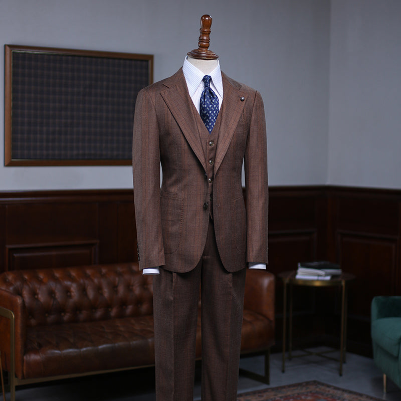 Alger New Coffee Striped One Button Slim Fit Custom Suit