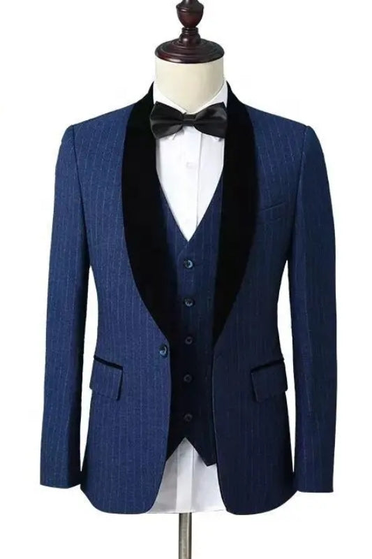 Allen Latest Midnight Blue Shawl Collar Three-Piece Striped Wedding Ensemble