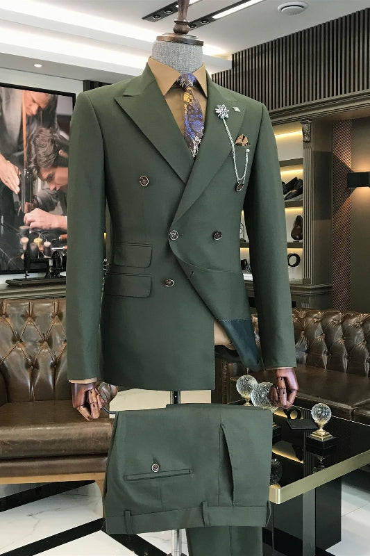 Alonzo Elegant Dark Green Peaked Lapel Double-Breasted Prom Suit