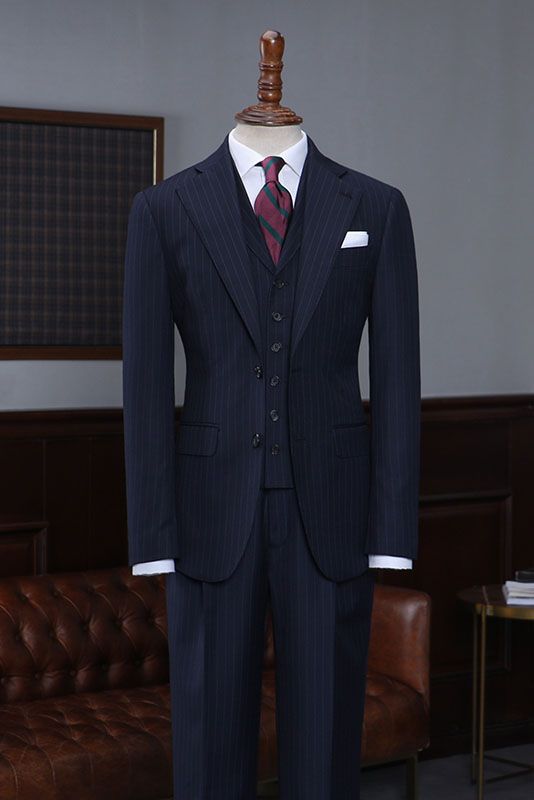 Alston Formal Navy Blue Striped Three Pieces Slim Fit Custom Business Suit