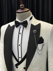 Alvin New White Jacquard Three-Piece Wedding Suits with Black Peaked Lapel