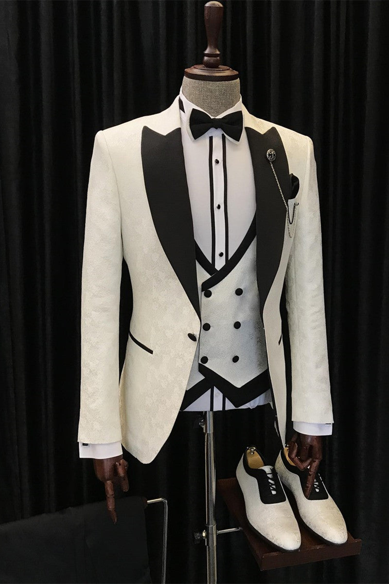 Alvin New White Jacquard Three-Piece Wedding Suits with Black Peaked Lapel