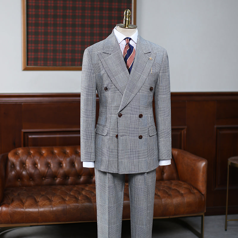 Alvis Gray Plaid Peak Lapel Double Breasted Custom Business Suit