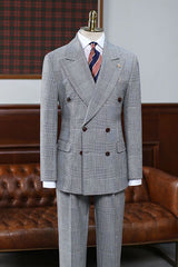 Alvis Gray Plaid Peak Lapel Double Breasted Custom Business Suit