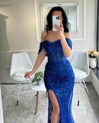 Amazing Column Off-the-shoulder Sleeveless Sequined Tulle Split Front Prom Dresses