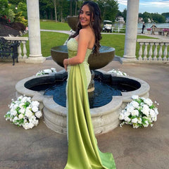 Amazing Column One Shoulder Sleeveless Satin Split Front Prom Dresses