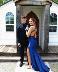 Amazing Column Satin Scoop Sleeveless Blue Prom Dresses With Appliques Split Front