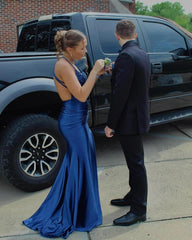 Amazing Column Satin Scoop Sleeveless Blue Prom Dresses With Appliques Split Front