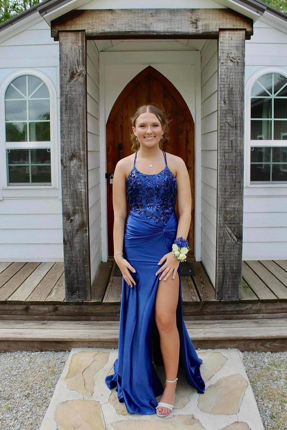 Amazing Column Satin Scoop Sleeveless Blue Prom Dresses With Appliques Split Front