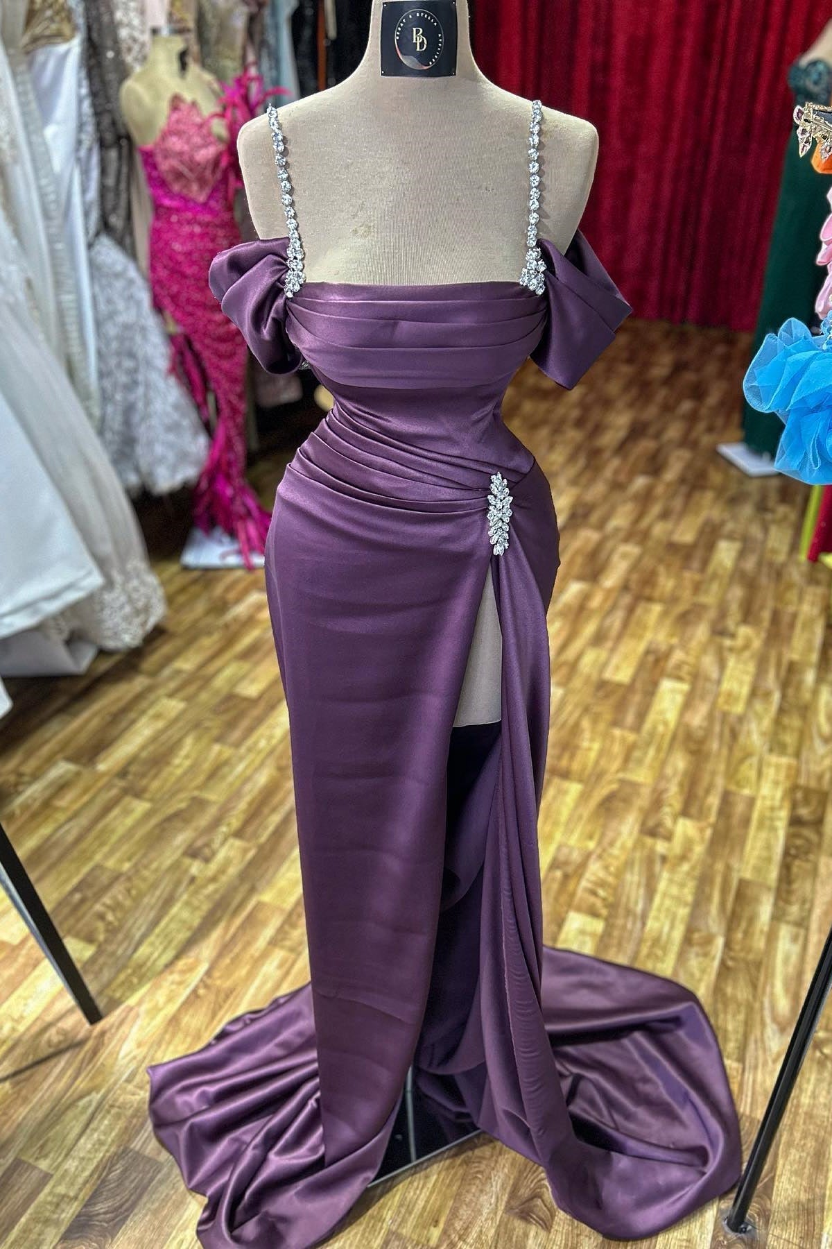 Amazing Column Spaghetti Straps Sleeveless Rhinestone Satin Split Front Prom Dress