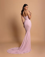 Amazing Column Strapless Sleeveless Rhinestone Satin Openback With Train Pink Prom Dresses