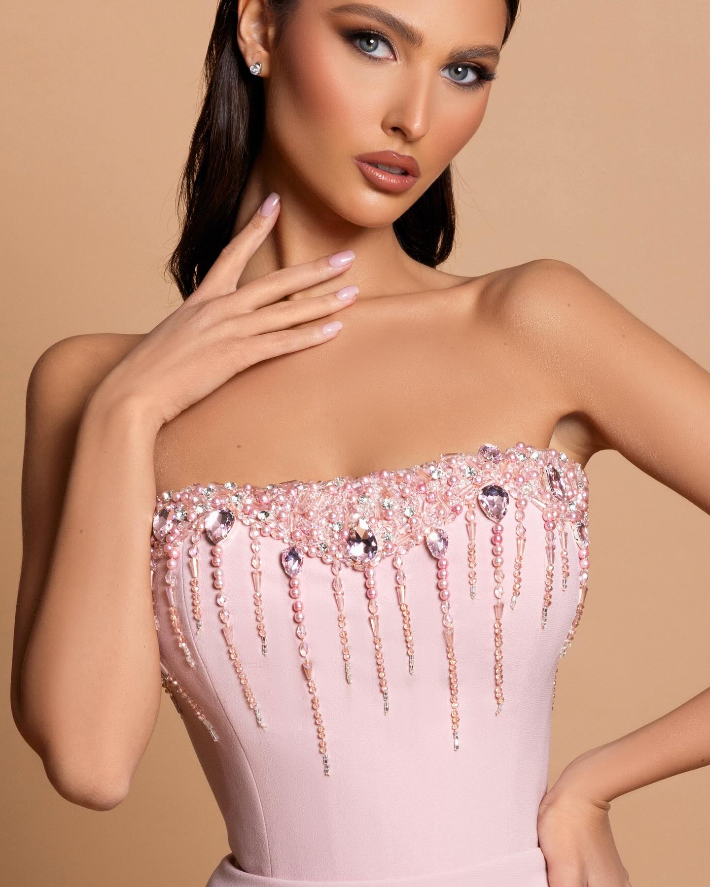 Amazing Column Strapless Sleeveless Rhinestone Satin Openback With Train Pink Prom Dresses