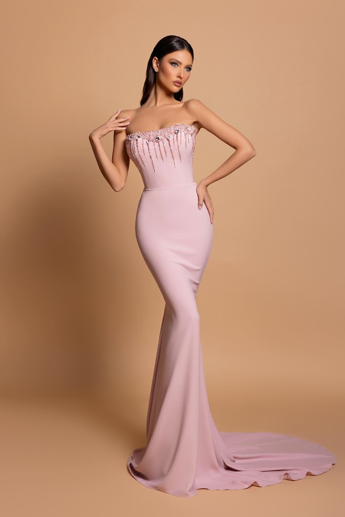 Amazing Column Strapless Sleeveless Rhinestone Satin Openback With Train Pink Prom Dresses