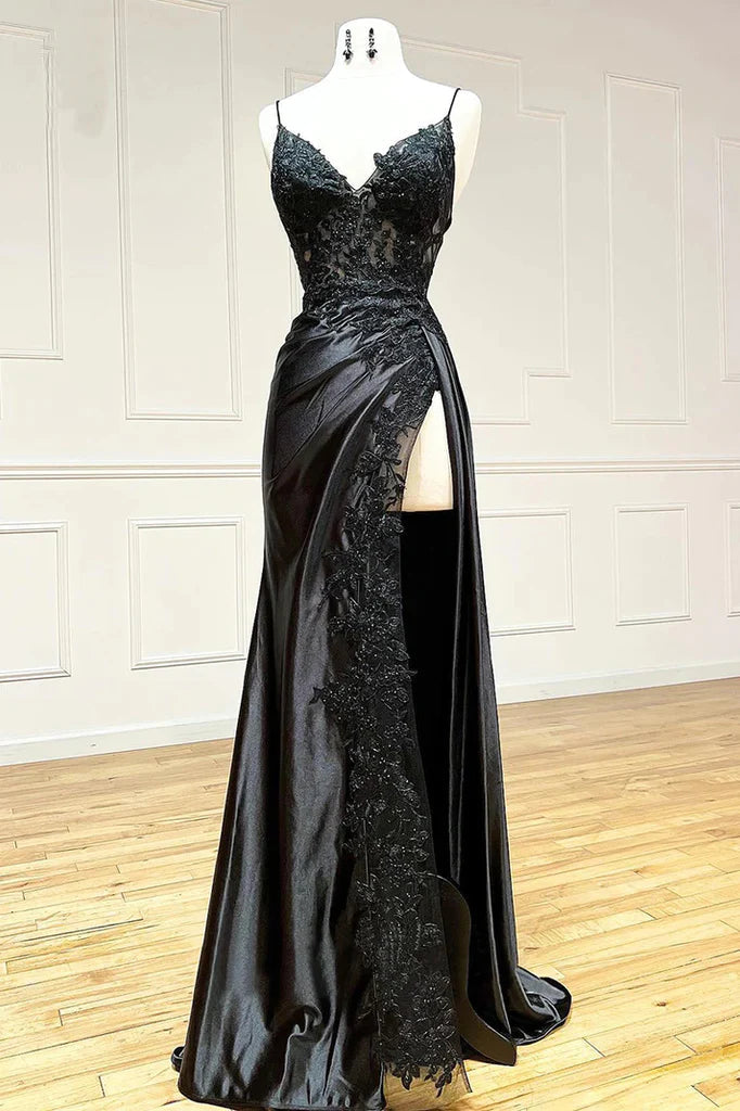 Amazing Long Black V-neck Spaghetti Straps Lace Sleeveless Prom Dress With Slit-misshow.com