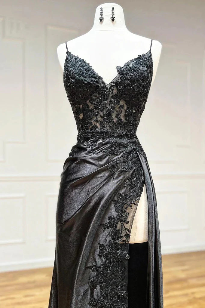 Amazing Long Black V-neck Spaghetti Straps Lace Sleeveless Prom Dress With Slit-misshow.com