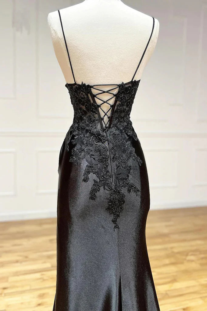 Amazing Long Black V-neck Spaghetti Straps Lace Sleeveless Prom Dress With Slit-misshow.com