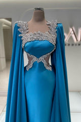 Amazing Long Blue Satin Rhinestones Prom Dress Designer Evening Dress