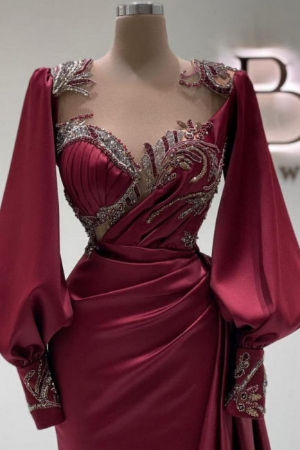 Amazing Long Burgundy Mermaid Beading Lace Prom Dresses with Long Sleeves