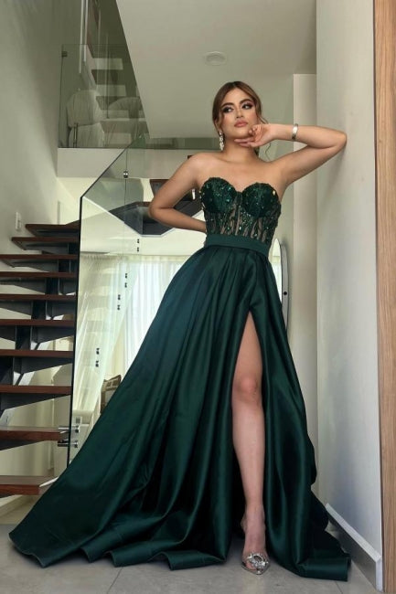 Amazing Long Dark Green A-line Strapless Lace Prom Dress With Slit