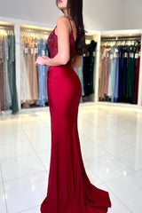 Amazing Long Mermaid Burgundy Spaghetti Straps Lace Prom Dress With Slit