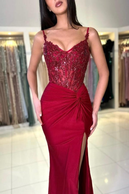 Amazing Long Mermaid Burgundy Spaghetti Straps Lace Prom Dress With Slit