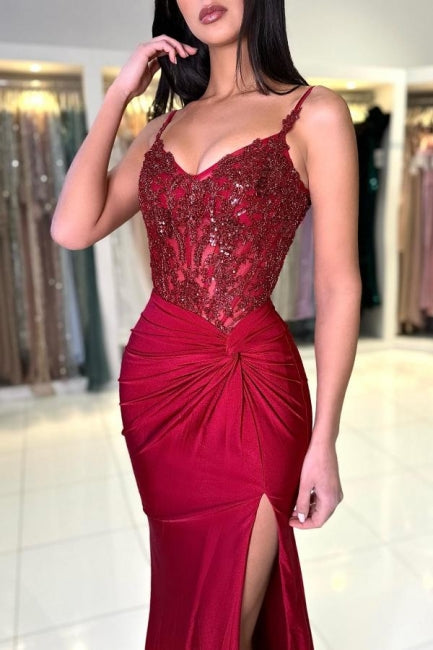 Amazing Long Mermaid Burgundy Spaghetti Straps Lace Prom Dress With Slit