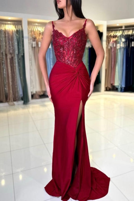 Amazing Long Mermaid Burgundy Spaghetti Straps Lace Prom Dress With Slit