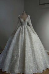 Amazing Long Princess A-line V-neck Lace Beading Wedding Dresses With Long Sleeves